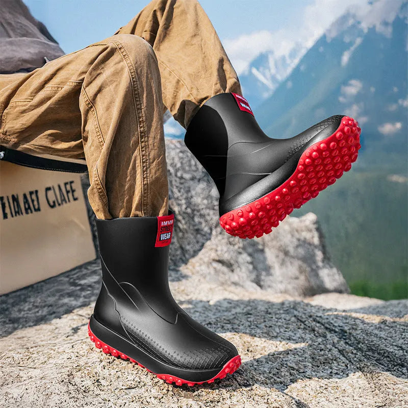 Men's mid tube PVC rain boots in beige colour with round toe and flat heel design