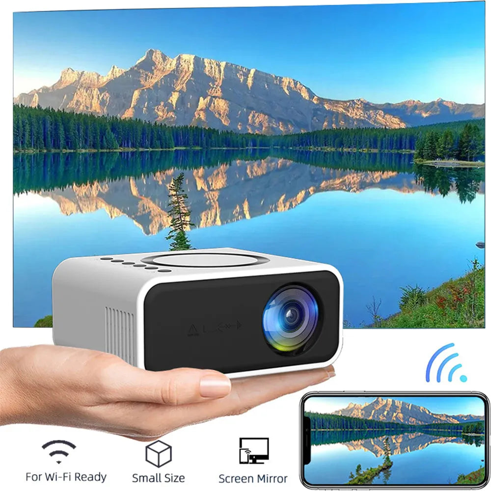 YT300 black or white portable mini projector showing 1080P movie projection on a wall in a dim room.