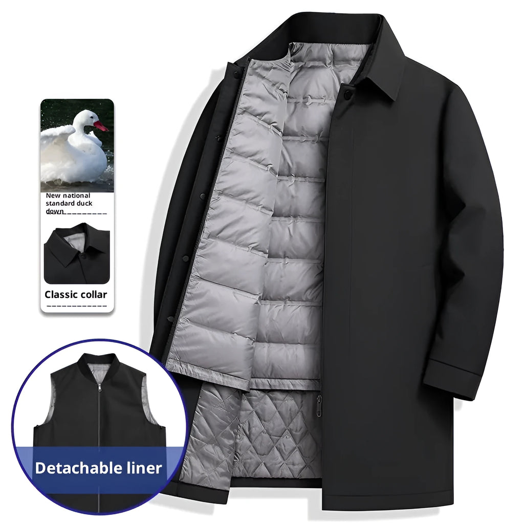 Men's mid-length white duck down business casual jacket in black, gray, and navy blue, 65cm length