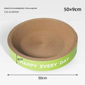 A simple green round cat nest with an integrated scratching surface, shown in 50cm and 55cm size options.