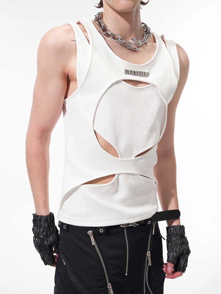 Men's loose sleeveless waistcoat in black, showing round neck and pullover design.