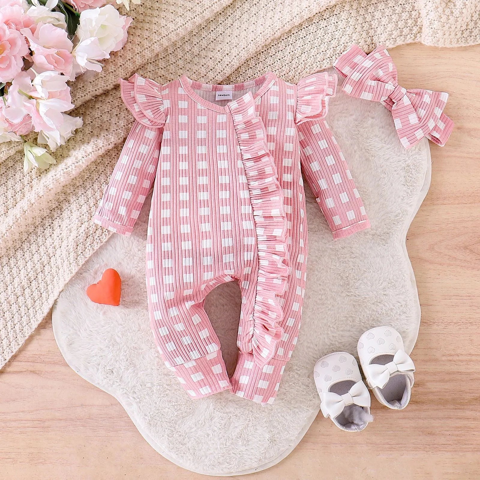 Cotton baby girl romper long-sleeved plaid jumpsuit in pink for spring autumn
