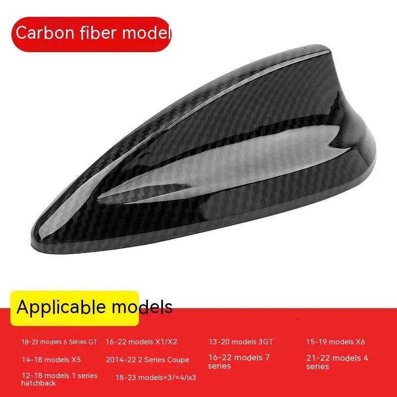 BMW shark fin antenna cover replacement in carbon fibre pattern and piano black finish options.