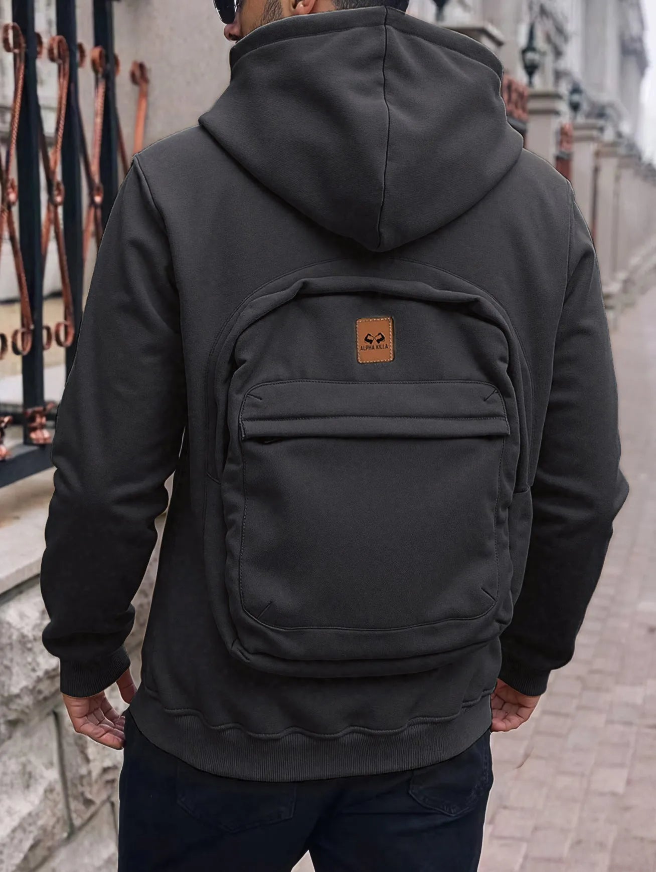 Casual loose-fitting hoodie cardigan back schoolbag sweater for men in light gray with stick pocket