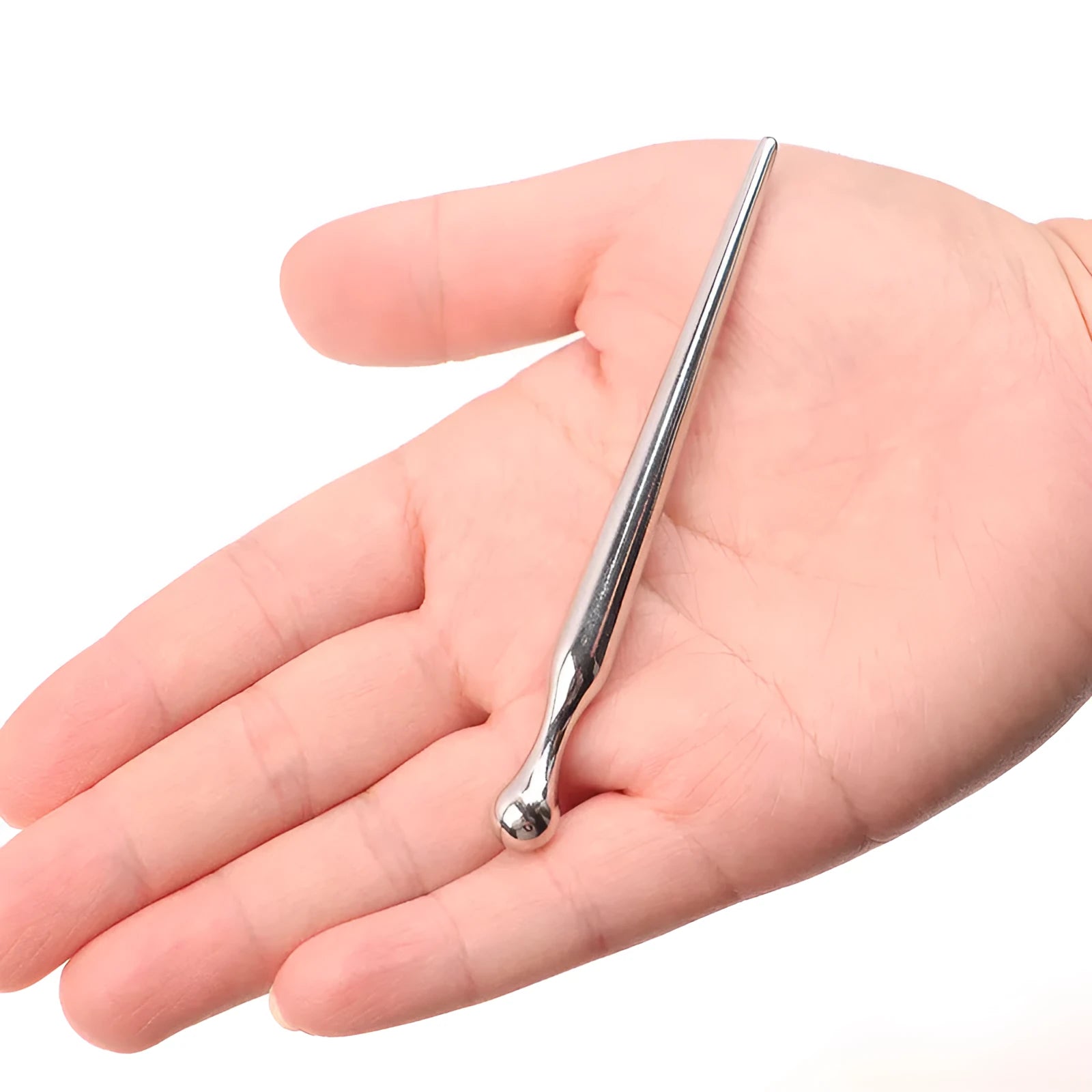 Silver metal urethral plug stick with graduated round beads and horse eye base