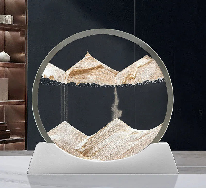 Modern abstract quicksand painting desktop night lamp with rotary base on a wooden table.