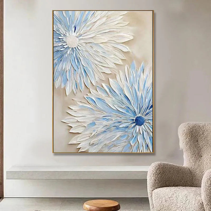 Hand painted abstract blue white flower oil painting on canvas modern textured wall art for bedroom