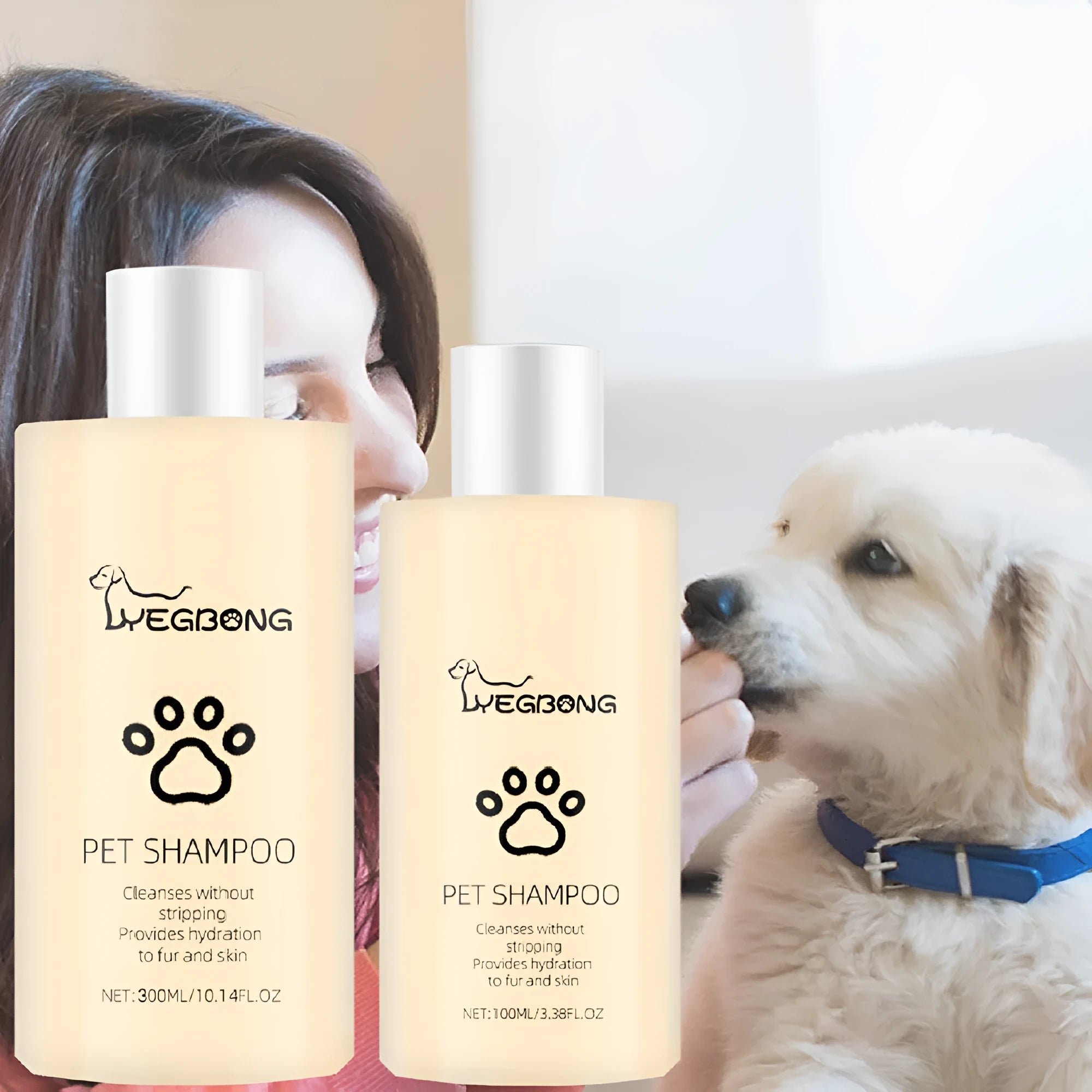 Bottle of mild pet shampoo for dogs and cats in 100ml and 300ml sizes for soft, tangle-free hair.