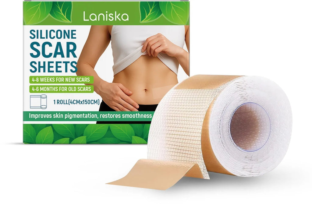 Roll of silicone scar sheet measuring 4cm wide with tea tree oil and aloe extract for scar treatment