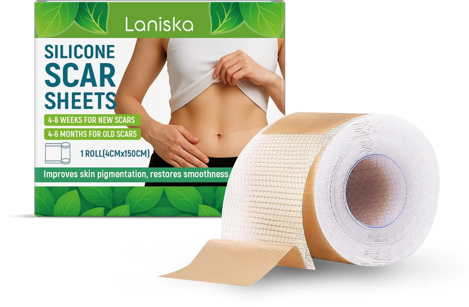 Roll of silicone scar sheet measuring 4cm wide with tea tree oil and aloe extract for scar treatment