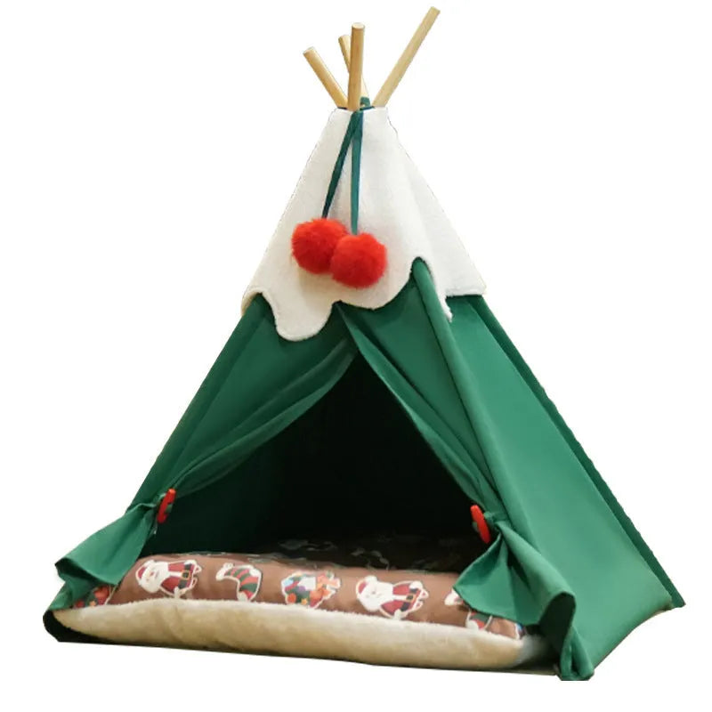 Brown semi-closed cloth cat house with a removable mat, shown next to a white colour option.