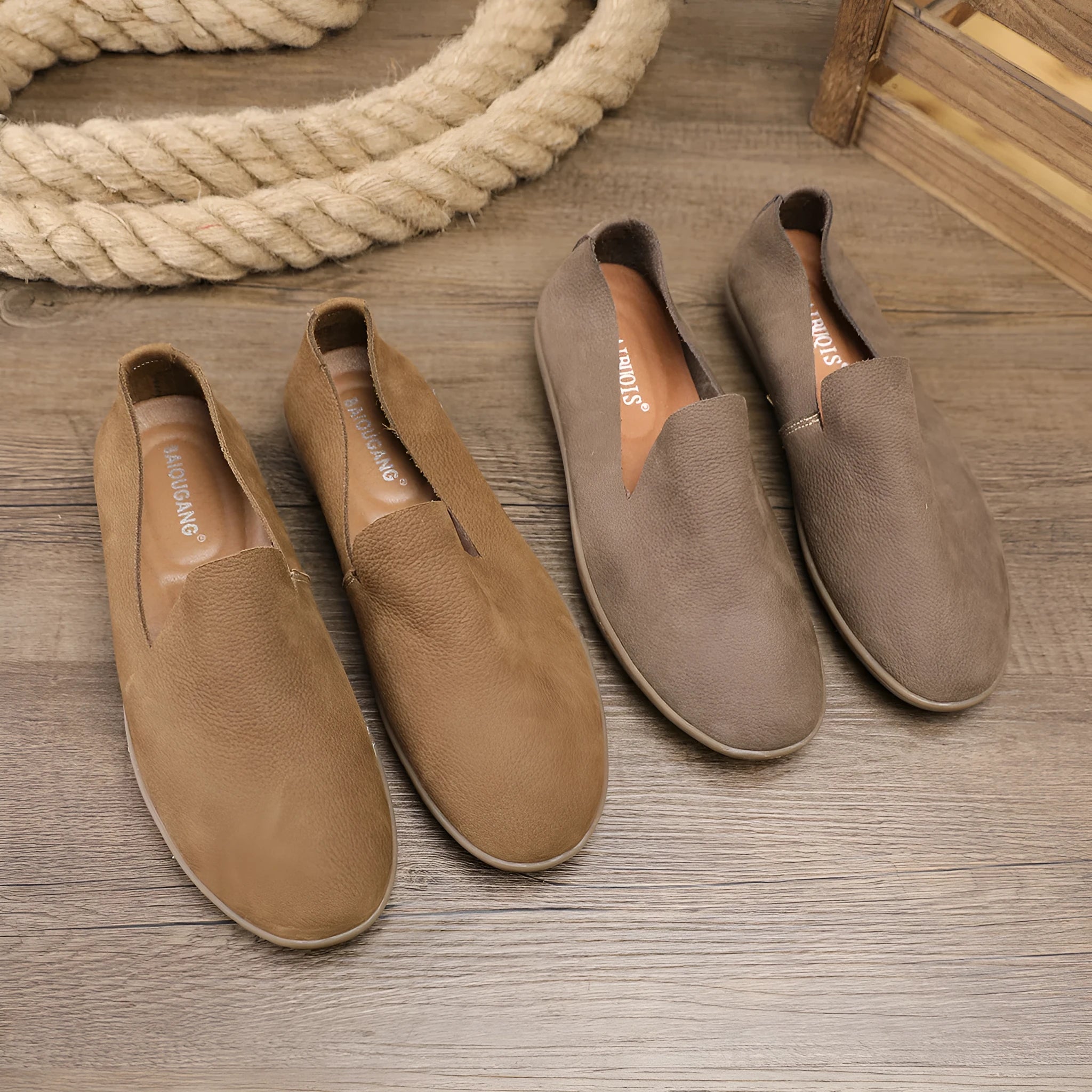 Handmade men's sports shoes in khaki colour with low-top design and wedge heel