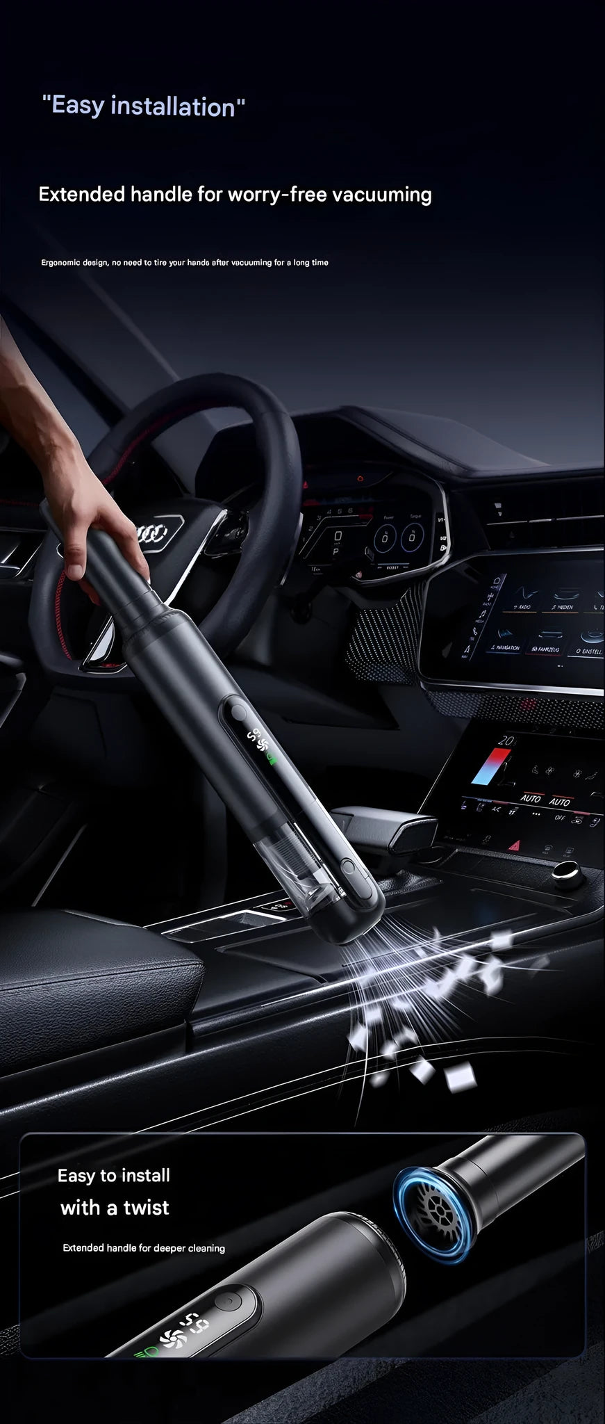 Black handheld car vacuum cleaner with green light dust detection on a car seat
