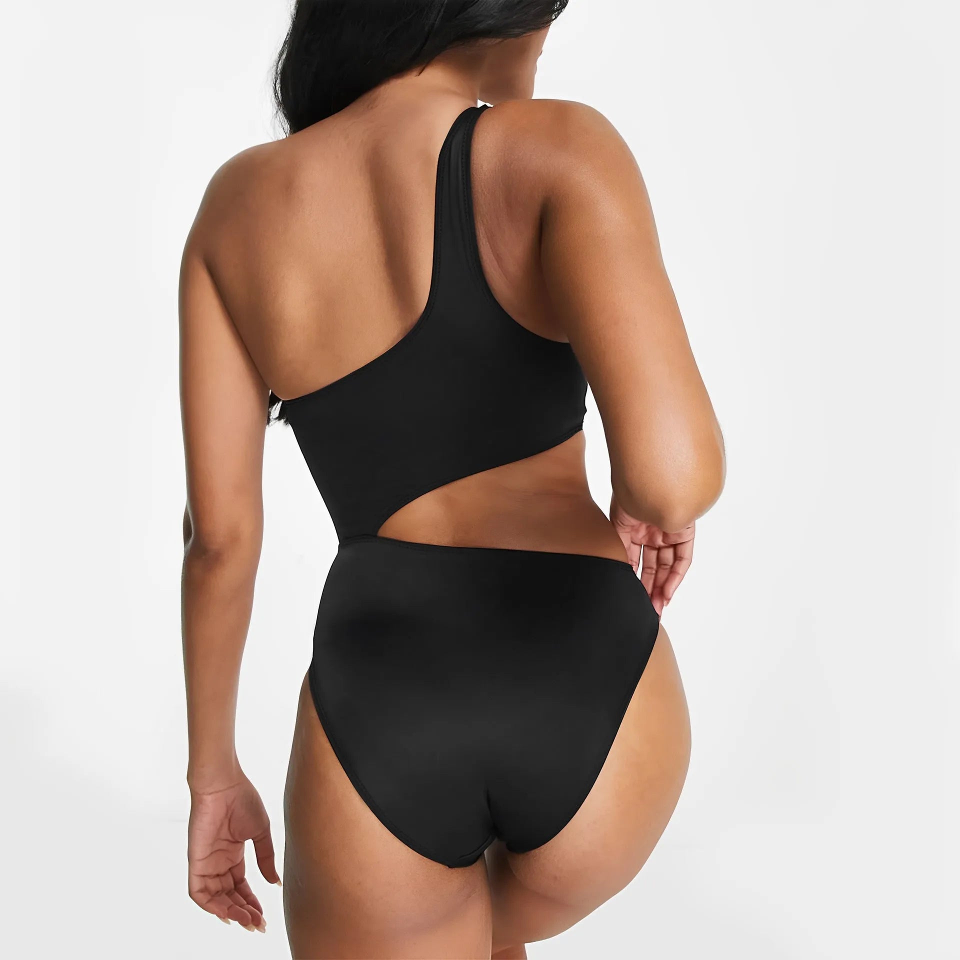 Black women's one-piece swimsuit with white contrast stitching and hollowed sleeveless design