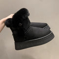 Women's mid-calf suede snow boots with faux fur lining, 1–3 cm thick rubber sole, and bow tie detail, shown in brown, black, or white.