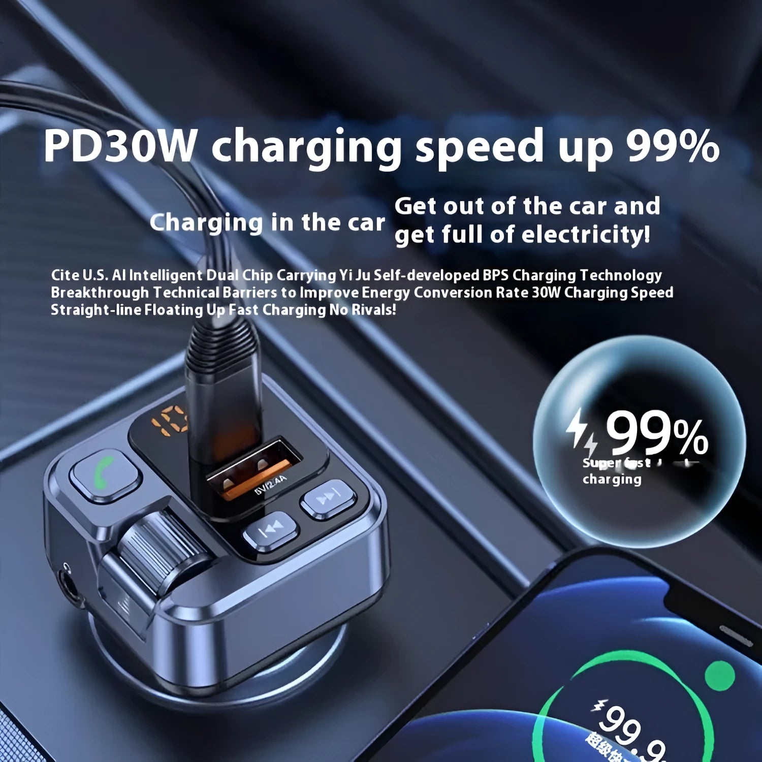 Bluetooth car MP3 player and fast charger plugged into a vehicle's 12V socket with LED display visible.