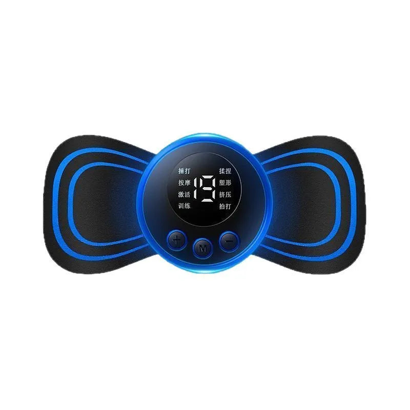 Portable EMS shoulder and neck massage instrument with USB power and ABS shell, shown with remote control and patch options.