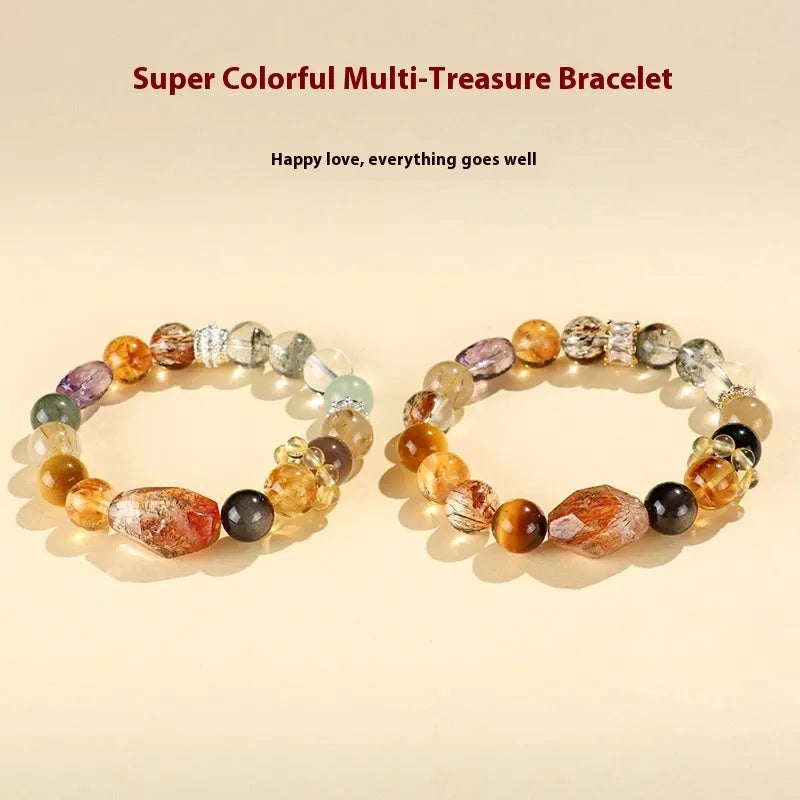 Women's natural crystal bracelet with string bead design in black and gold Duobao style