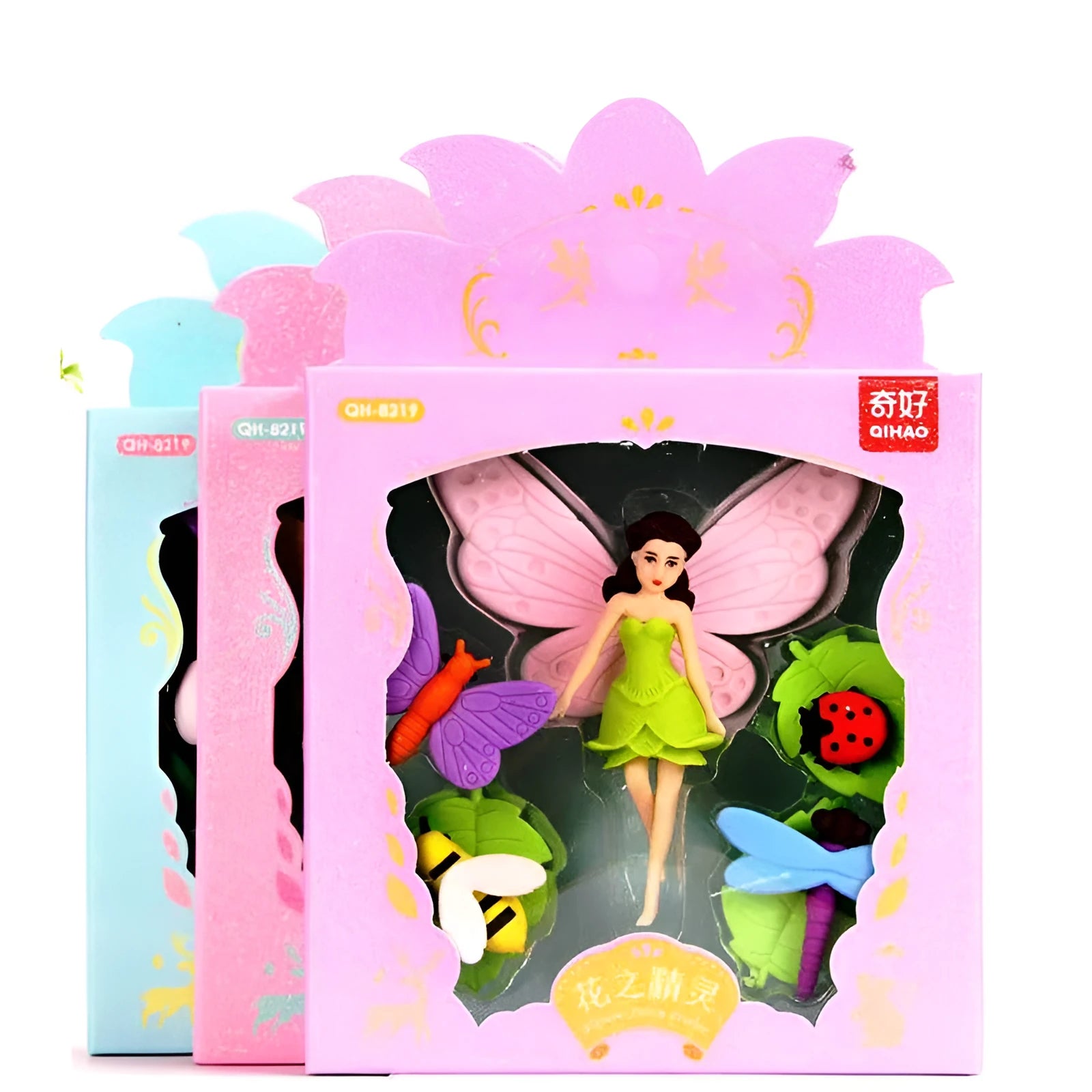 Flower Fairy and Mermaid themed TPR pencil eraser sets containing 12 pieces measuring 14cm by 13cm