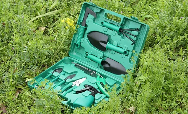 Ten-piece gardening tool set with iron heads and plastic handles in green and purple colour options
