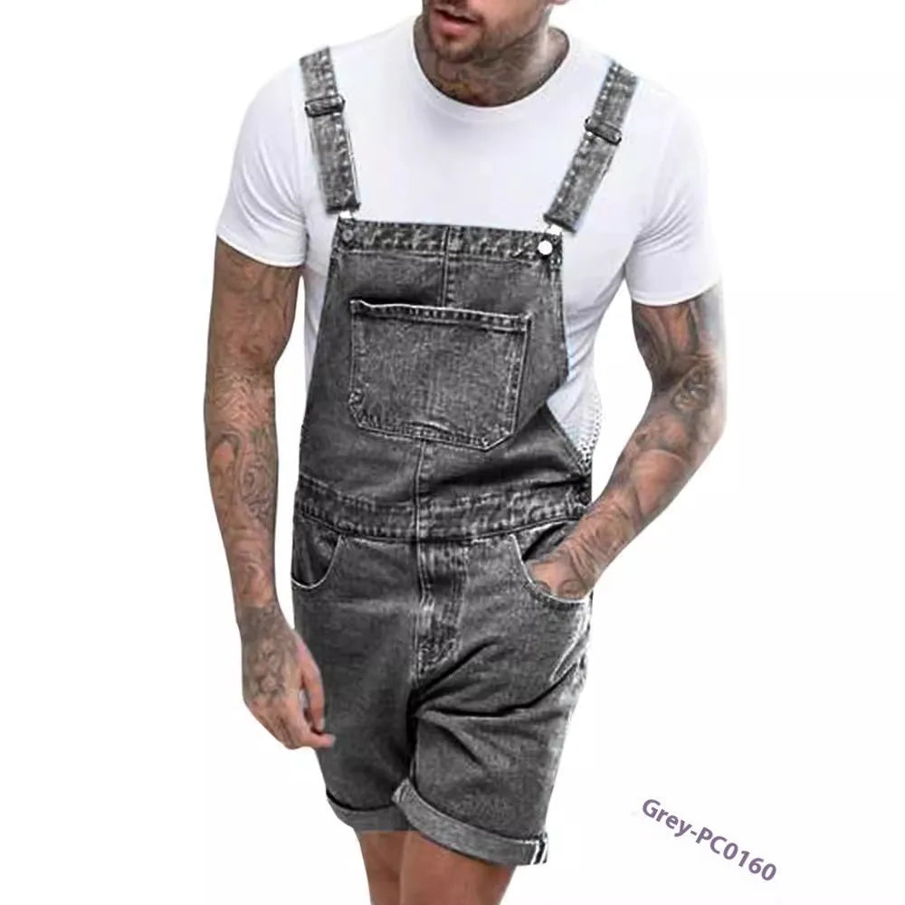 Youth denim suspender shorts with elastic waist and straight leg cut in black, blue, or grey colours