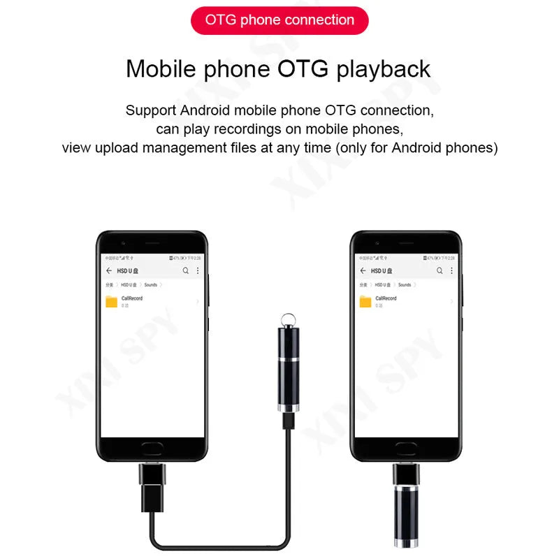Black Amoi A1 digital voice recorder with metal shell on a surface, next to included headset.