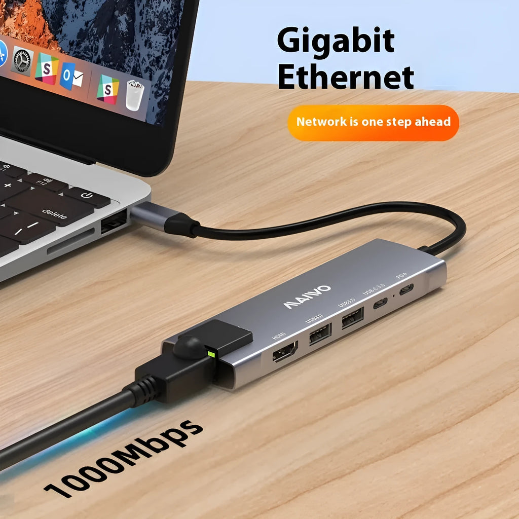 Aluminium Steam Deck docking station with six ports including HDMI, Ethernet, and USB, shown with a 15cm cable