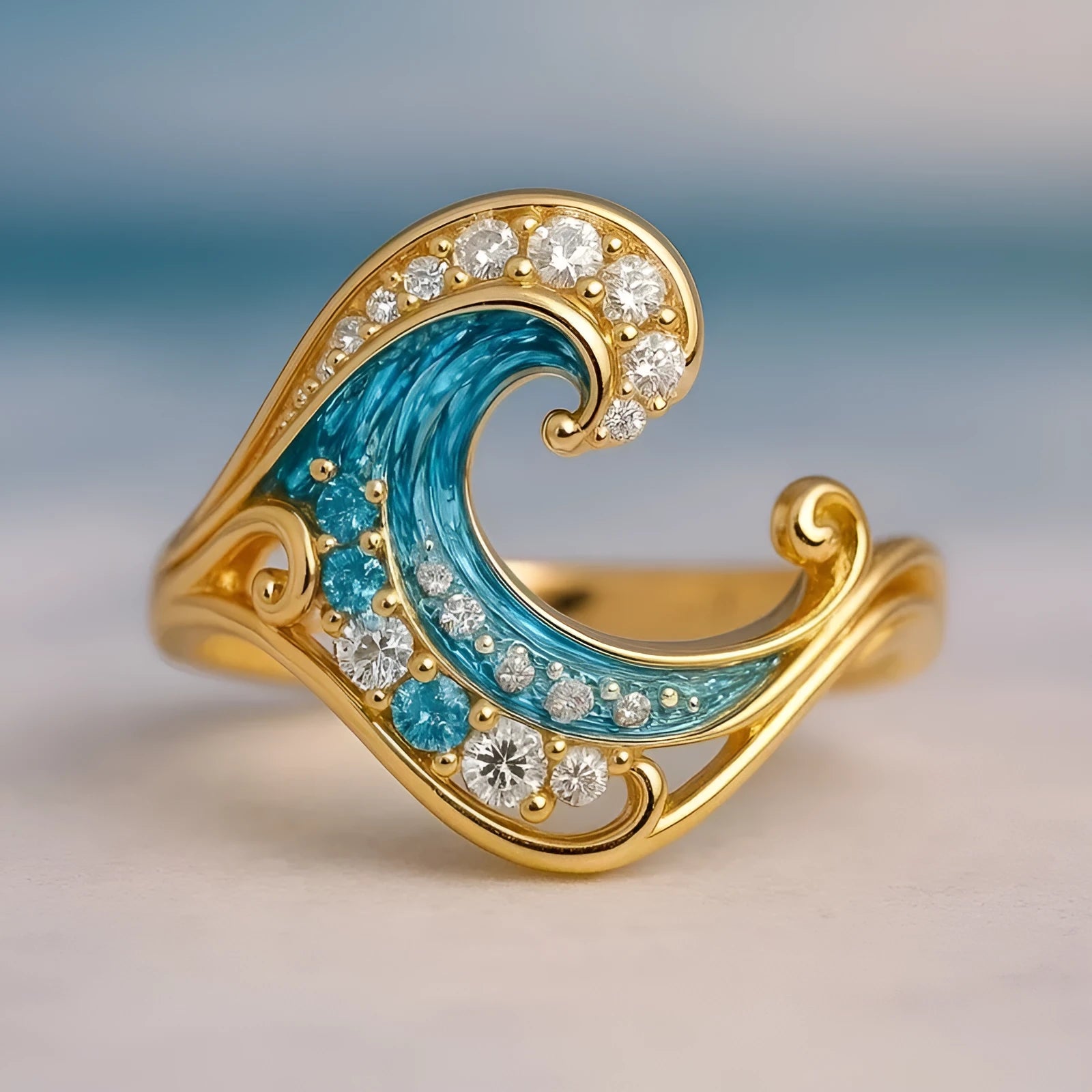 Gold-coloured zinc alloy ring with micro inlay texture design for women, showing creative surface pattern.