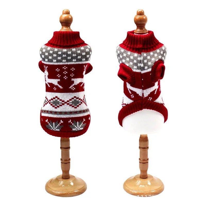 Red reindeer Christmas print dog turtleneck knitted acrylic sweater in sizes XS to XXL