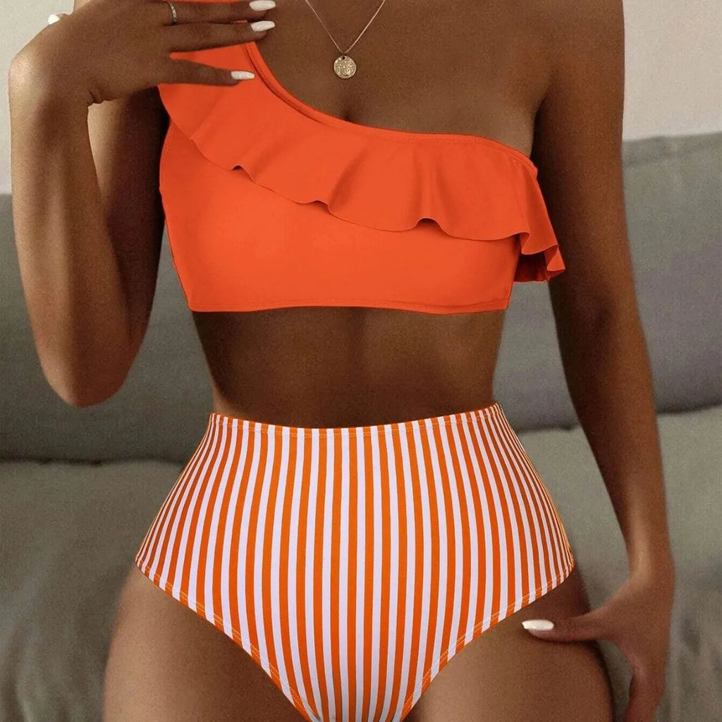 Women's solid colour striped split bikini swimsuit on hanger showing front design