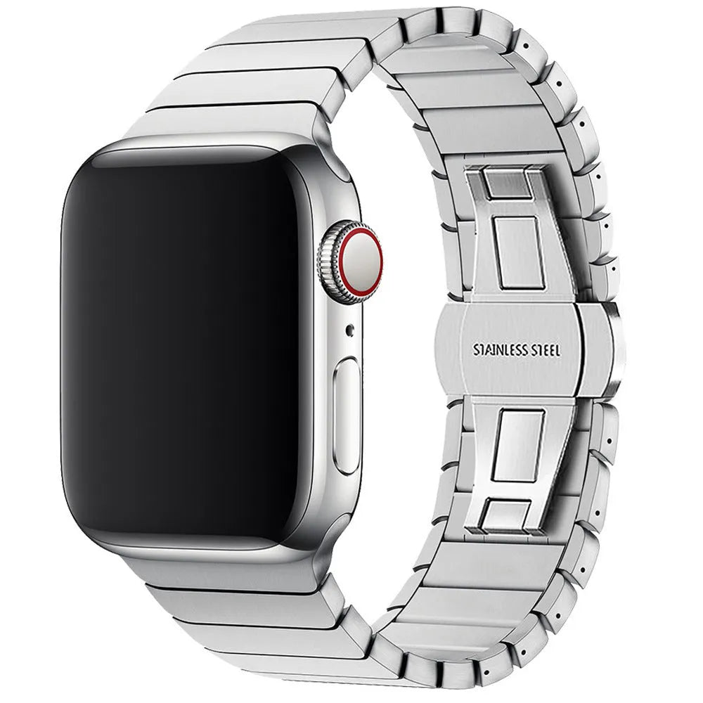 One Bead Bamboo Joint Butterfly Clasp Stainless Steel Watch Strap for Apple Watch in Silver