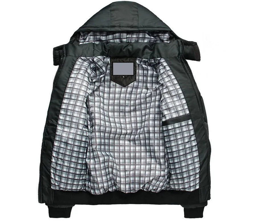 Men's winter parka coat in black with detachable hood, loose heavyweight fit, shown from front
