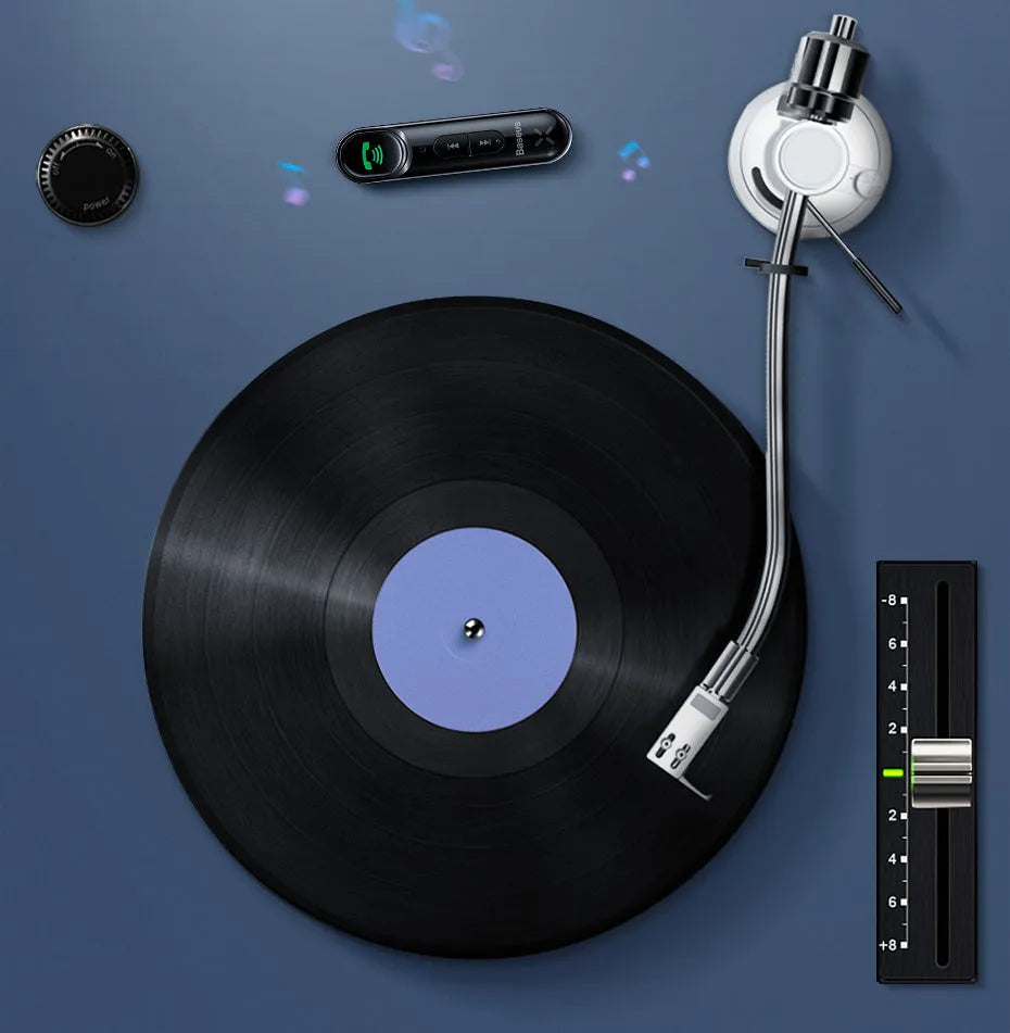 Black car Bluetooth receiver with 3.5mm plug and USB charging cable