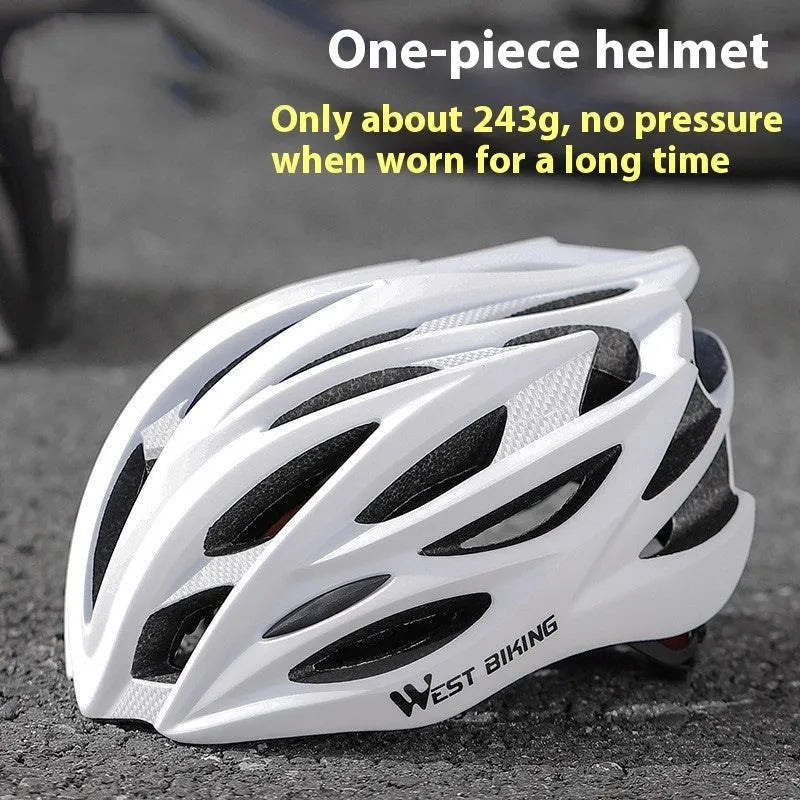 White bicycle helmet with integrated molding construction on display, size 54-62cm, PC and EPS materials