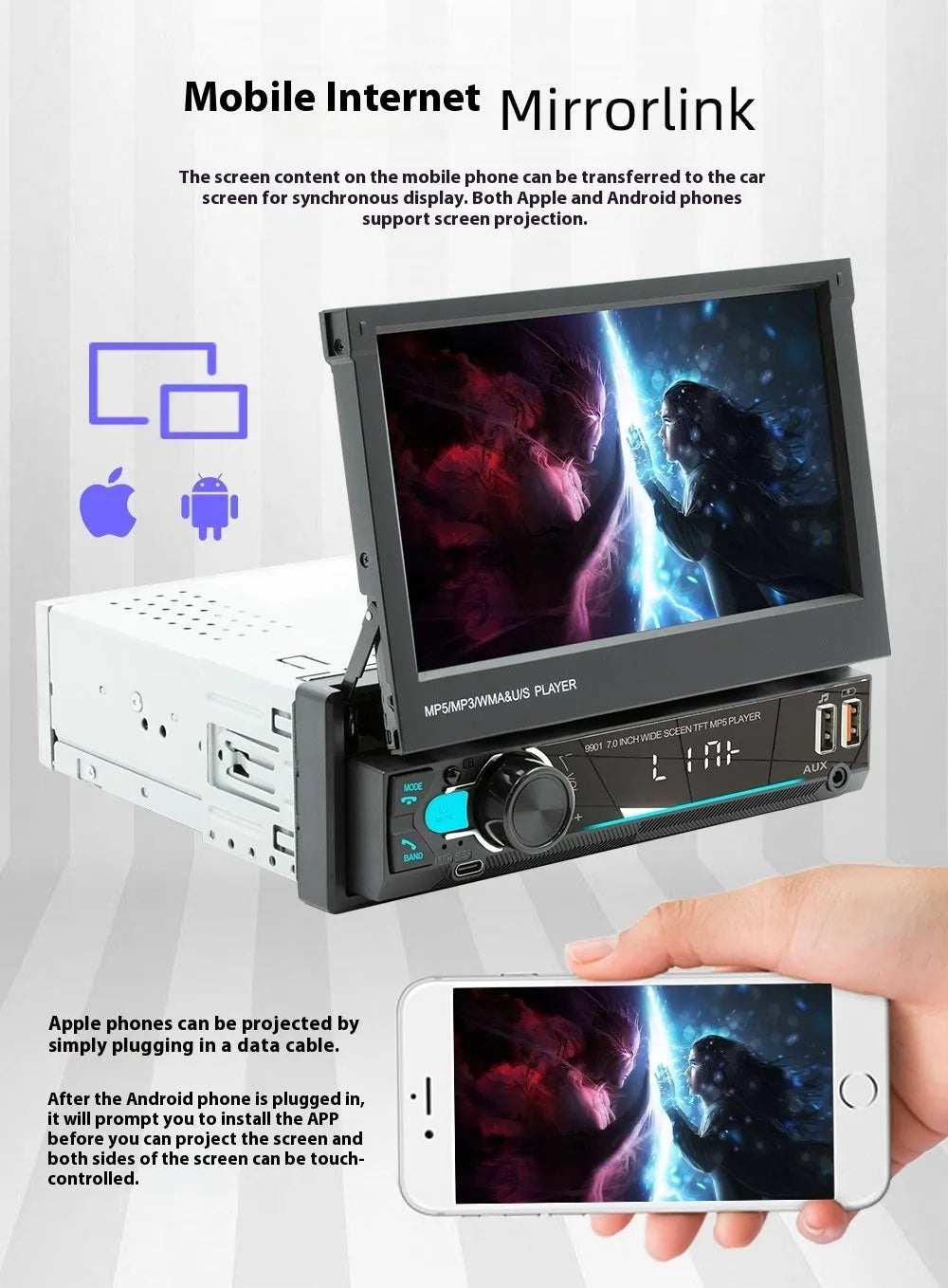 7-inch telescopic screen vehicle-borne Bluetooth player with CarPlay and Android car support, plastic and hardware build
