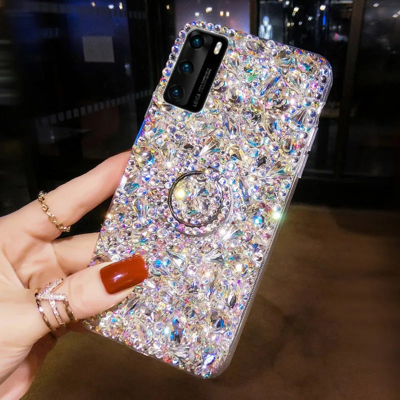 Luxury colourful diamond acrylic phone case with bracket for Samsung Galaxy smartphones.