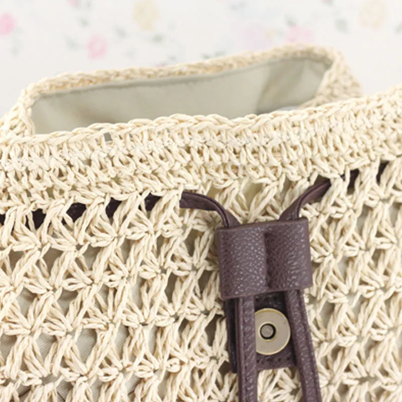 Khaki fashion straw bag cylindrical women's backpack with woven paper rope exterior and double straps