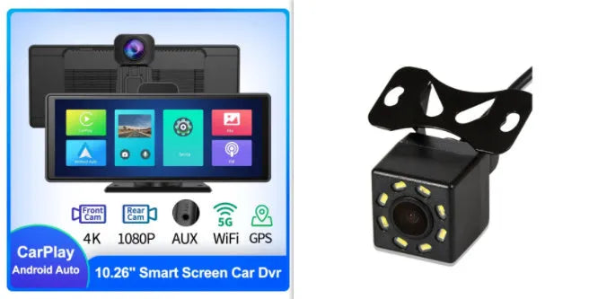 12-inch car dash cam touch screen displaying dual camera view on dashboard.