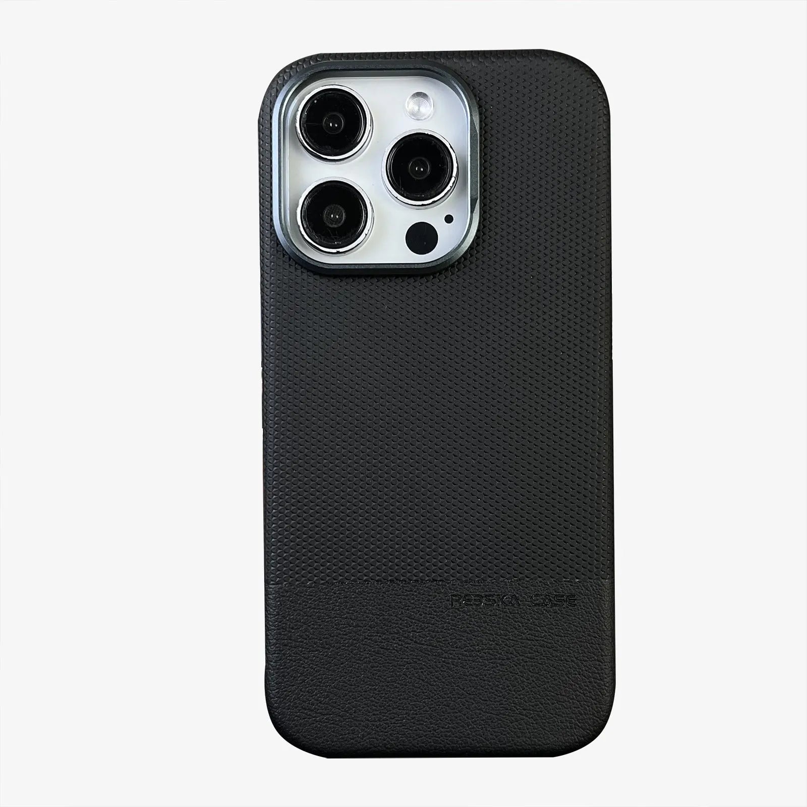 Black iPhone case with dragon scale texture and stitching, showing magnetic all-inclusive shockproof design
