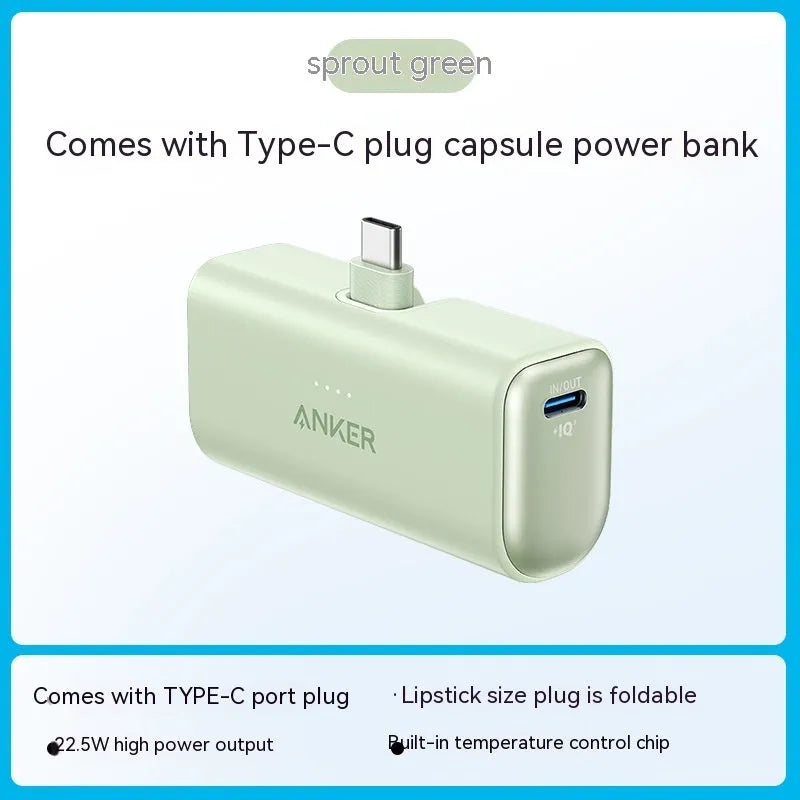 Compact capsule power bank in black white green blue pink colours showing 77x36x25mm size with Type C port