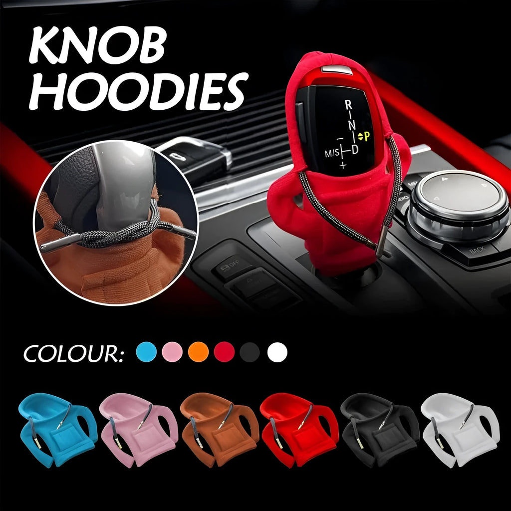 Universal 12cm pure cotton gear knob cover in hoodie style with adjustable drawcord, shown in black