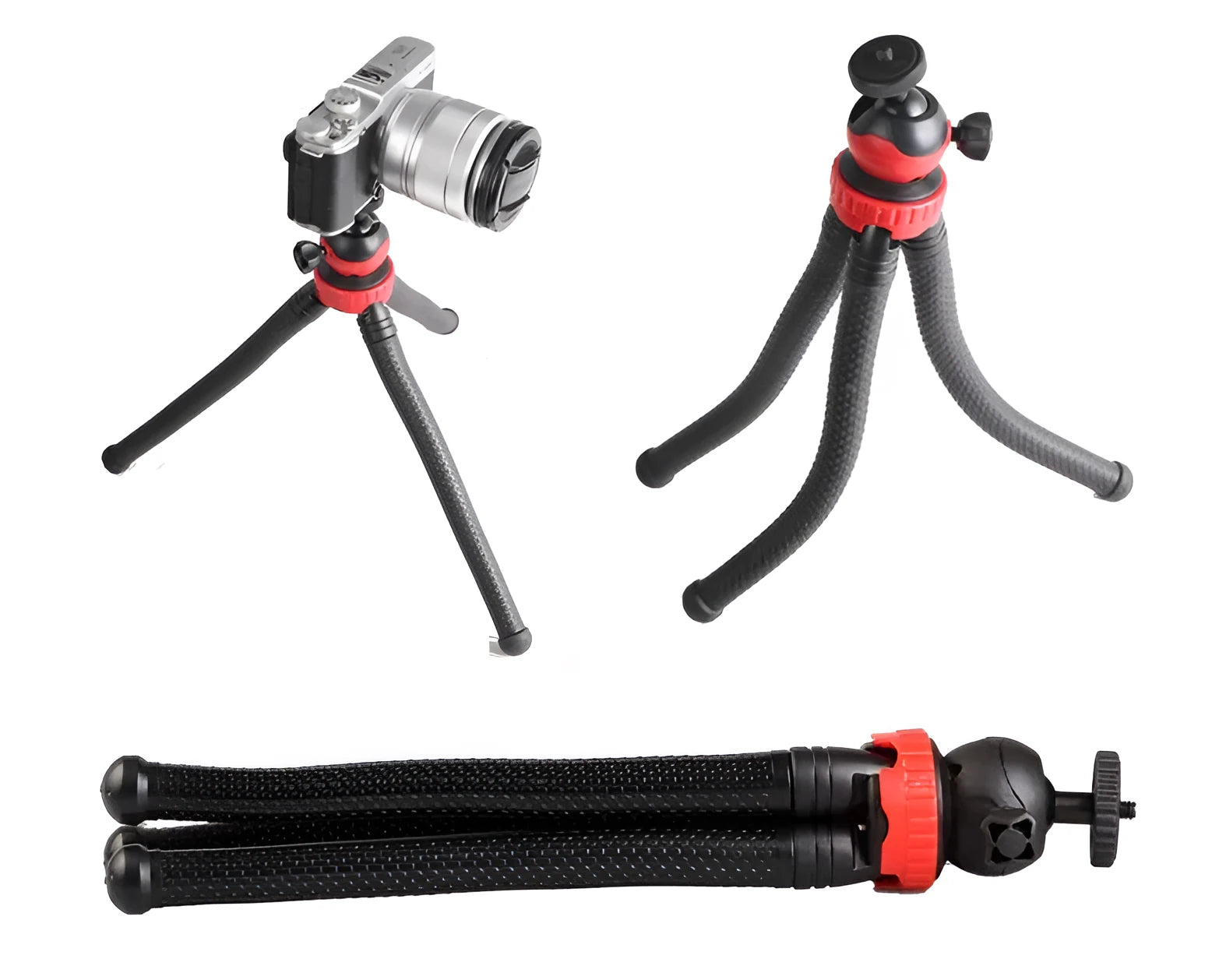 Black octopus tripod stand with flexible legs and a spherical gimbal head, shown extended to 30cm.