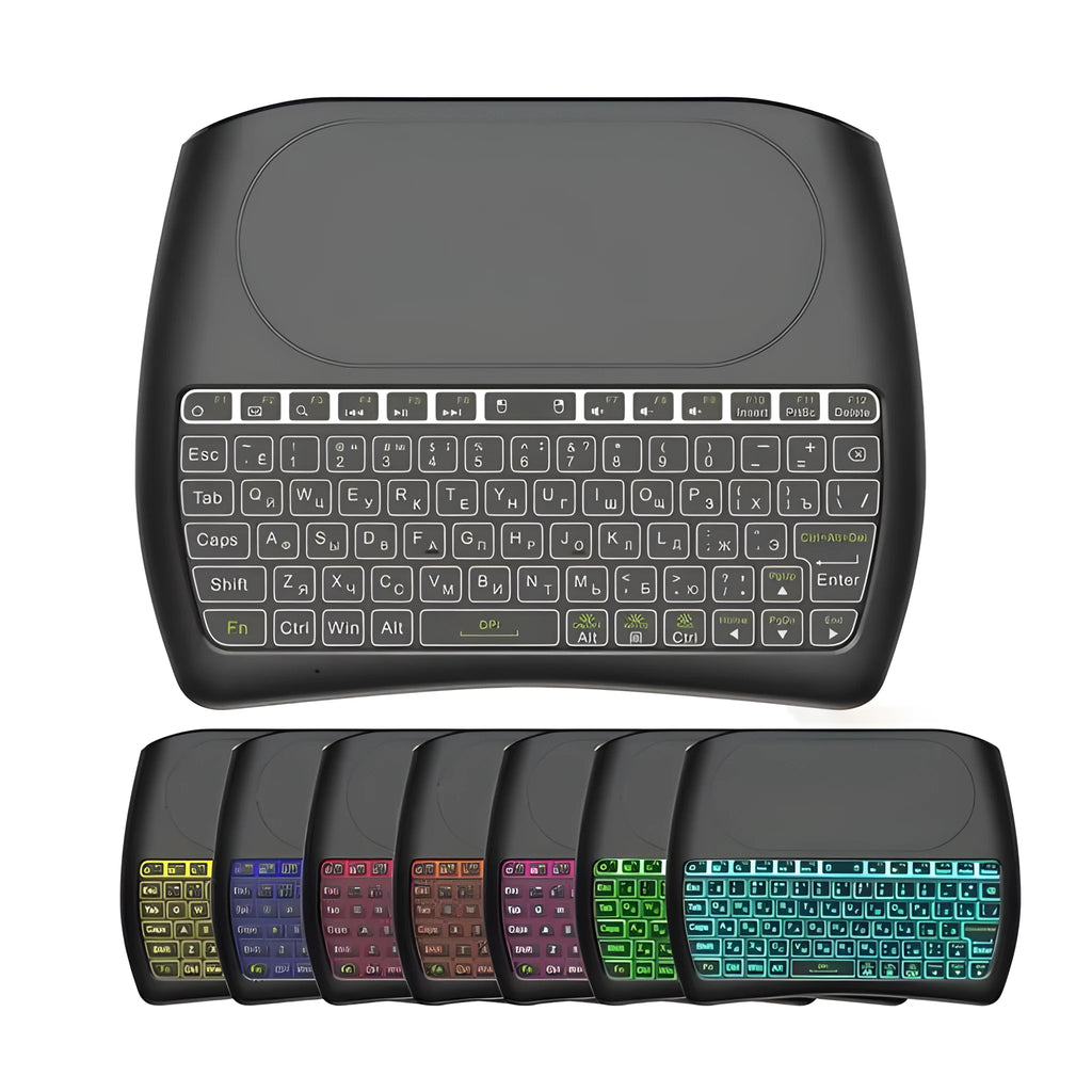 Black D8 Pro compact wireless keyboard with 78 keys and an integrated touchpad on a desk.