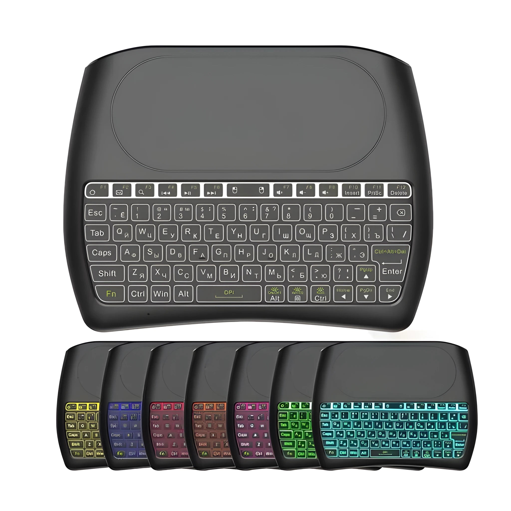 Black D8 Pro compact wireless keyboard with 78 keys and an integrated touchpad on a desk.