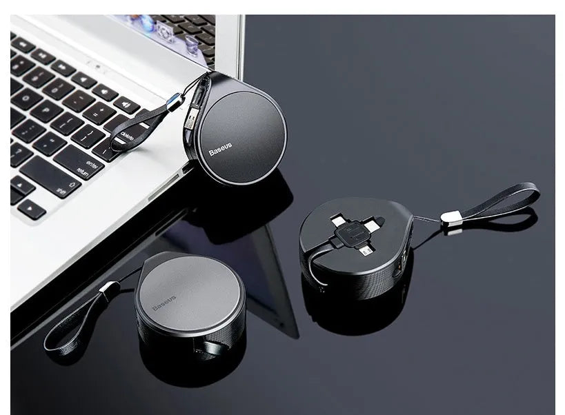 Telescopic three-in-one charging cable extended to show USB-C, Lightning and Micro-USB connectors