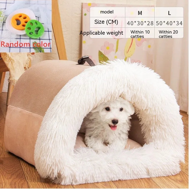 Splice Portable Pet Nest in brown with striped plush, moisture-proof base, suitable for small dogs and cats