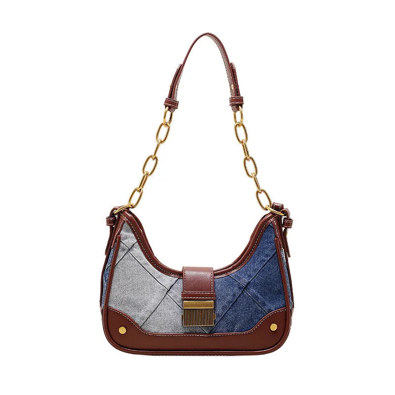 Brown denim women's bucket shoulder bag with diamond mesh detail and chain strap connector.