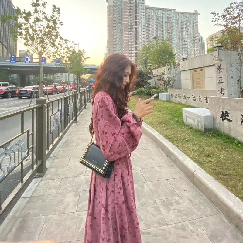 Red floral pattern cotton knit dress with elastic high waist and three-quarter princess sleeves.