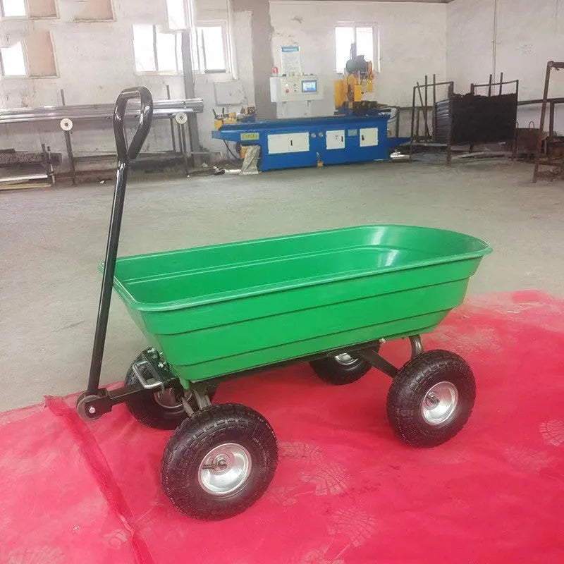 Green four-wheel plastic dumptruck with steel PP construction and 350kg load capacity