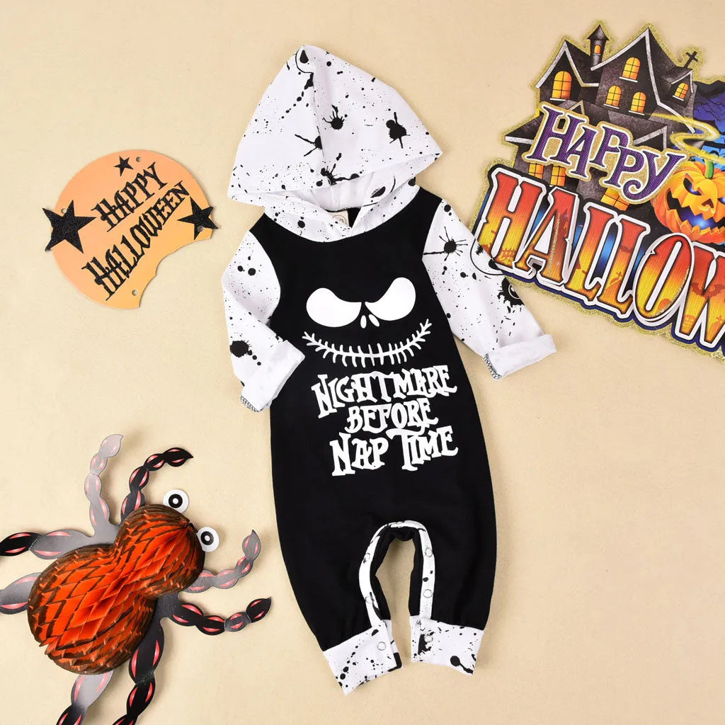A black or brown cotton Halloween romper for children with long sleeves and a hood.